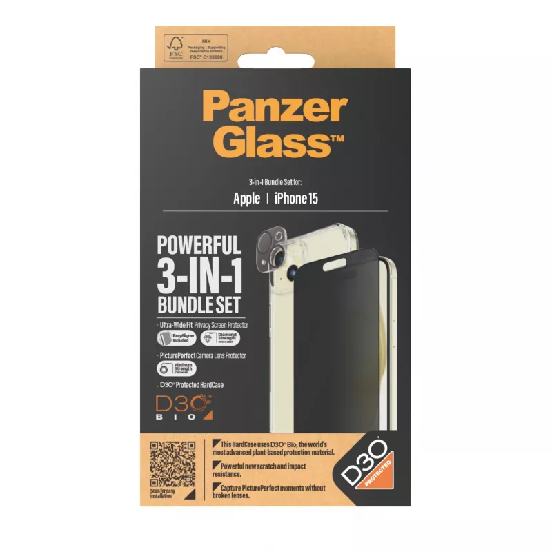 PanzerGlass ® Privacy pack 3 en 1 iPhone 15 vidrio templado resistente a impactos