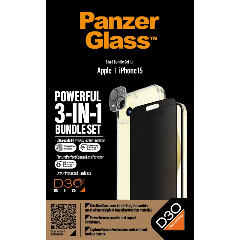 PanzerGlass ® Privacy pack 3 en 1 iPhone 15 vidrio templado resistente a impactos