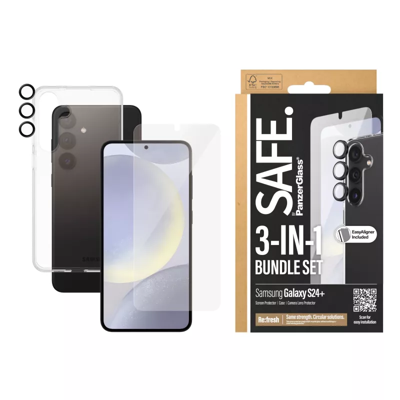 PanzerGlass SAFE. by ® pack 3 en 1 Samsung Galaxy S24+ resistente a arañazos e impactos