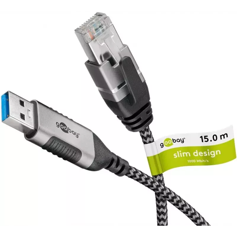Adaptador de cable Goobay 74400 USB 3.0 Type-A RJ45 15 m negro plata
