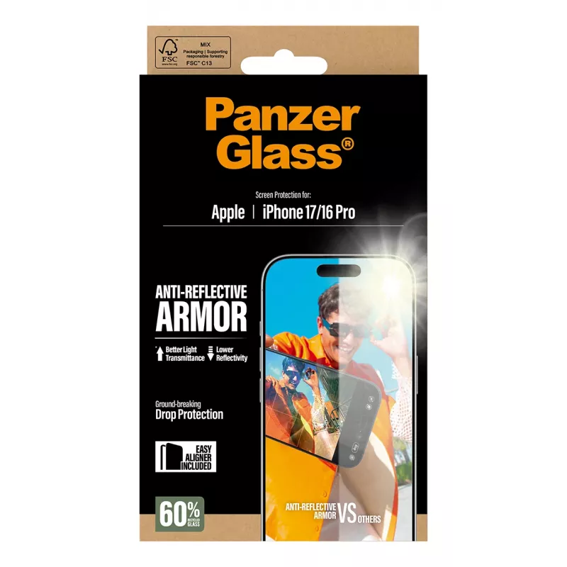 Lámina protectora de pantalla PanzerGlass Anti-Reflective Armor iPhone 17 iPhone 16 Pro resistente a arañazos y golpes