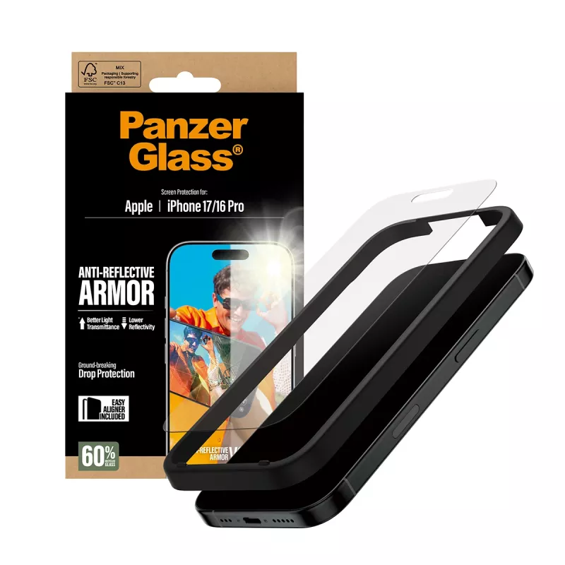 Lámina protectora de pantalla PanzerGlass Anti-Reflective Armor iPhone 17 iPhone 16 Pro resistente a arañazos y golpes