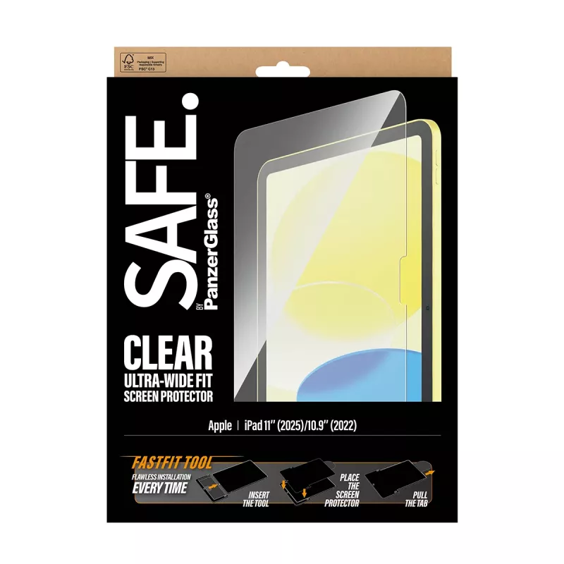 PanzerGlass SAFE. SA34342 protector de pantalla para iPad de 11 pulgadas (2025) / iPad de 10,9 pulgadas (2022), Ultra-Wide Fit con herramienta Fastfit, vidrio templado, transparente