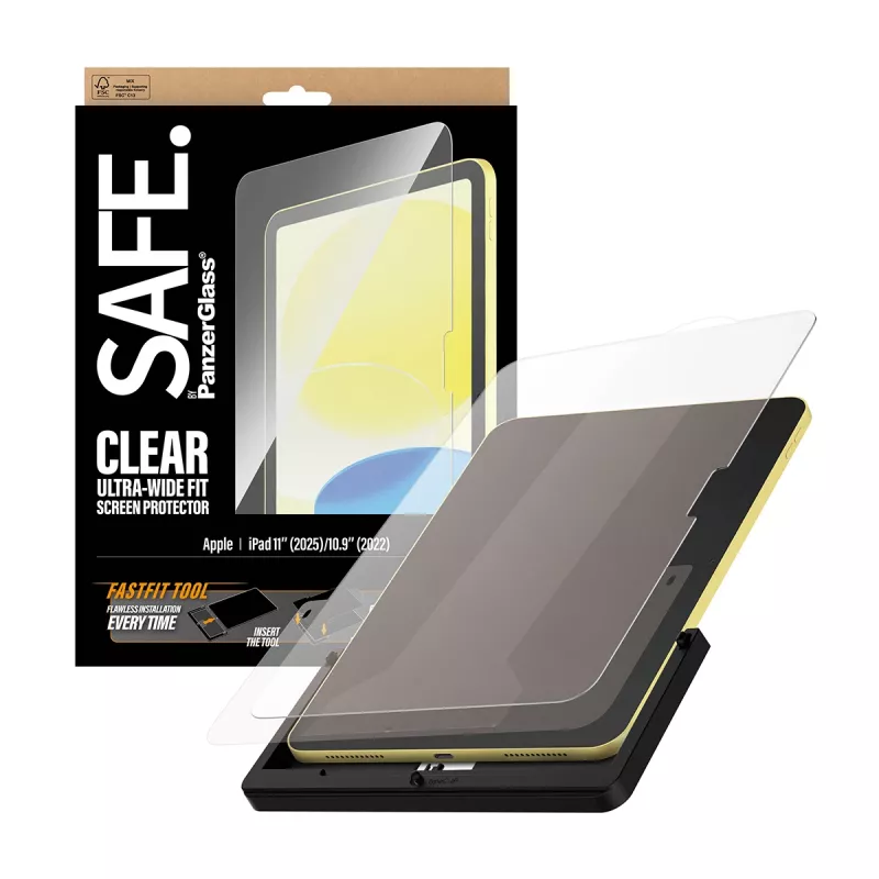 PanzerGlass SAFE. SA34342 protector de pantalla para iPad de 11 pulgadas (2025) / iPad de 10,9 pulgadas (2022), Ultra-Wide Fit con herramienta Fastfit, vidrio templado, transparente