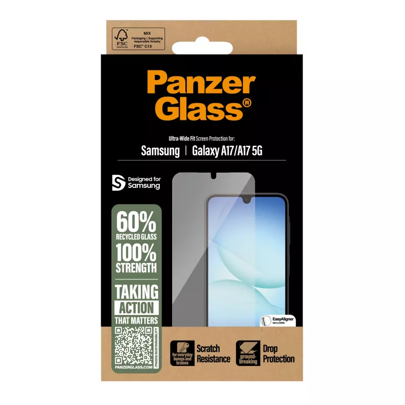 PanzerGlass protector de pantalla para Samsung Galaxy A17 / A17 5G — Ultra-Wide Fit, PET+silicona, resistente a arañazos y golpes
