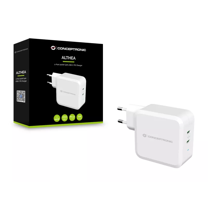 Cargador Conceptronic ALTHEA 2 puertos 100W GaN USB-C PD, Interior, Corriente alterna, 5 V, 5 A, Blanco