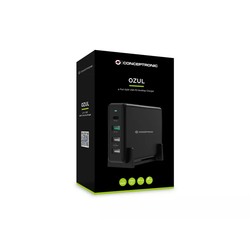 Cargador de sobremesa Conceptronic OZUL 4 puertos 65W USB PD, Interior, AC, 5 V, Negro