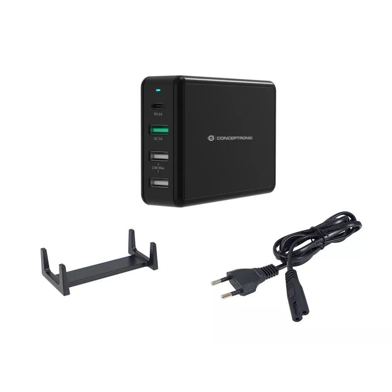 Cargador de sobremesa Conceptronic OZUL 4 puertos 65W USB PD, Interior, AC, 5 V, Negro