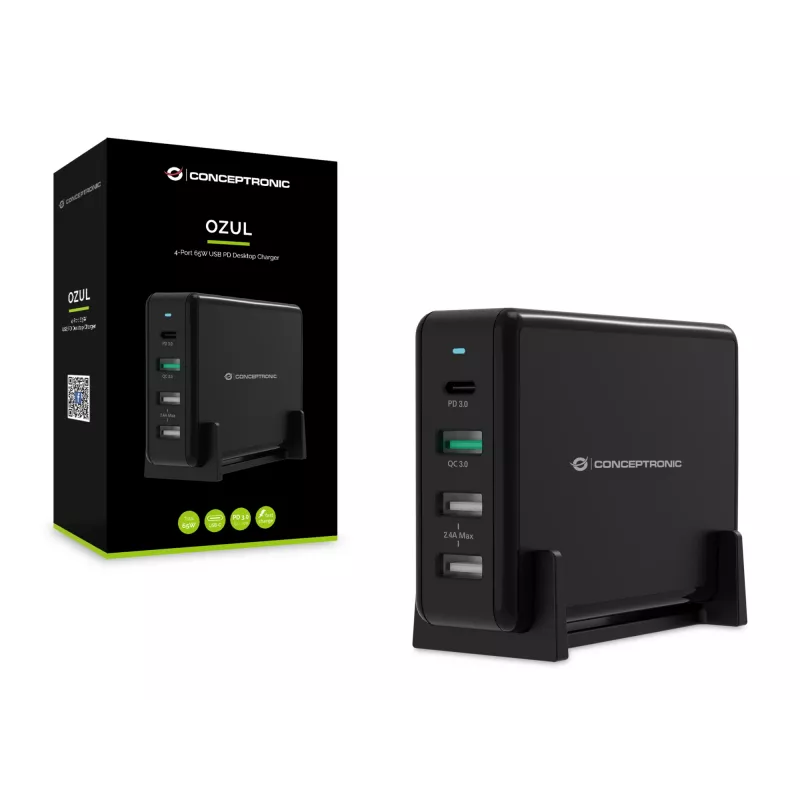 Cargador de sobremesa Conceptronic OZUL 4 puertos 65W USB PD, Interior, AC, 5 V, Negro