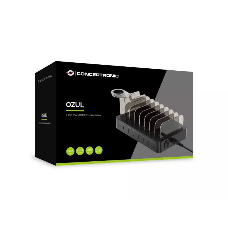 Estación de carga Conceptronic OZUL 8 puertos 75W USB PD, Interior, AC, 12 V, Negro