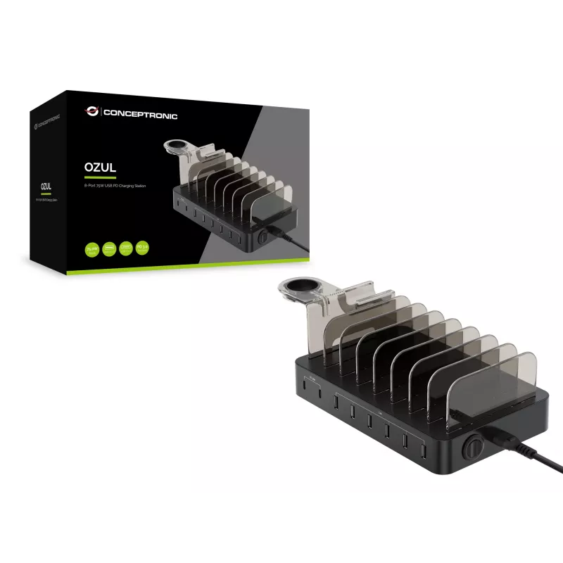 Estación de carga Conceptronic OZUL 8 puertos 75W USB PD, Interior, AC, 12 V, Negro