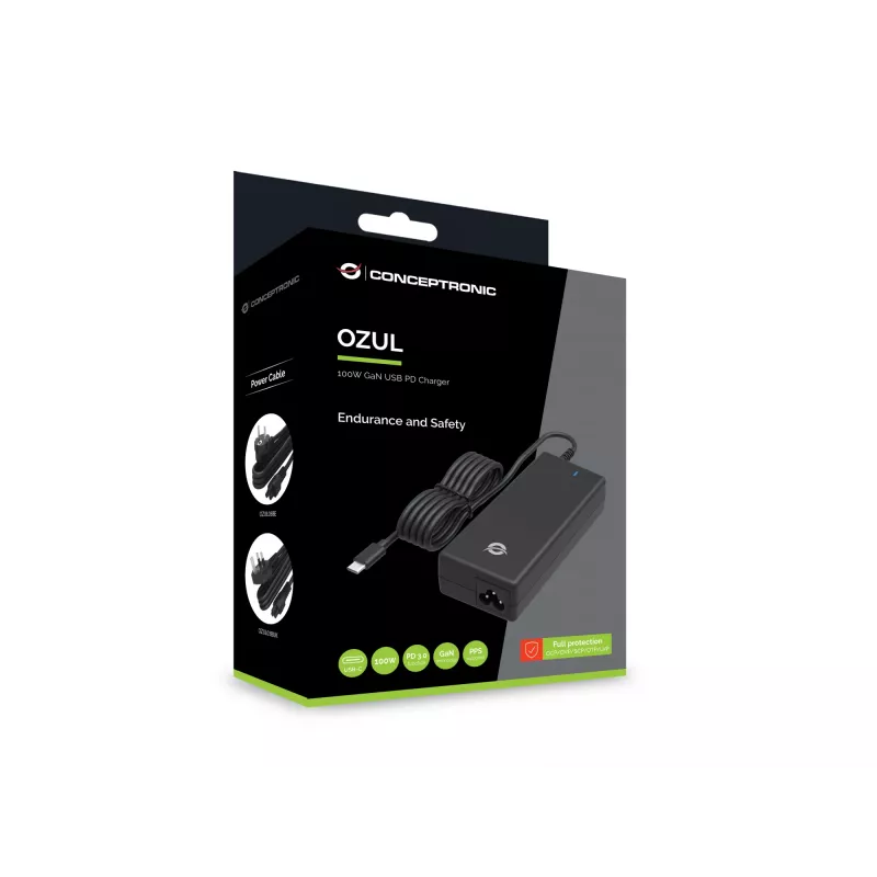Cargador de sobremesa Conceptronic OZUL03BUK 100W GaN USB PD, cable USB-C integrado, enchufe UK