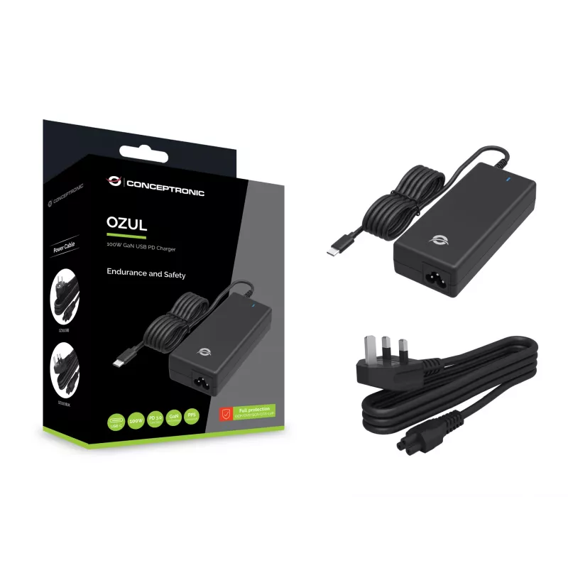 Cargador de sobremesa Conceptronic OZUL03BUK 100W GaN USB PD, cable USB-C integrado, enchufe UK