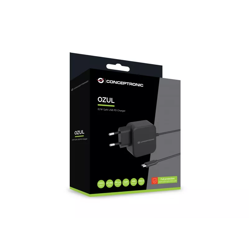 Cargador Conceptronic OZUL04BE 67W GaN USB PD, cable USB-C integrado