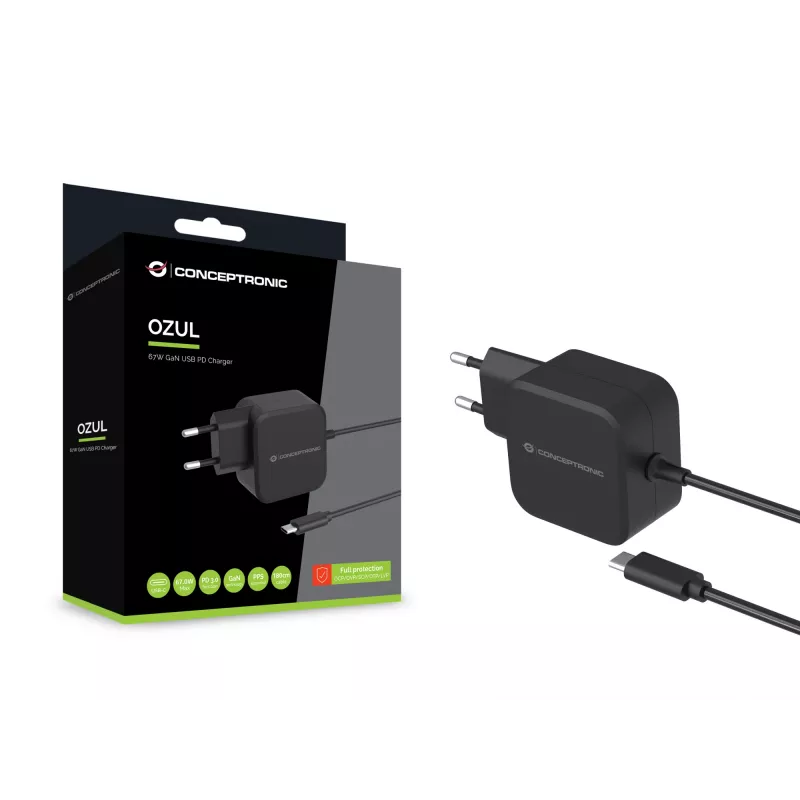 Cargador Conceptronic OZUL04BE 67W GaN USB PD, cable USB-C integrado