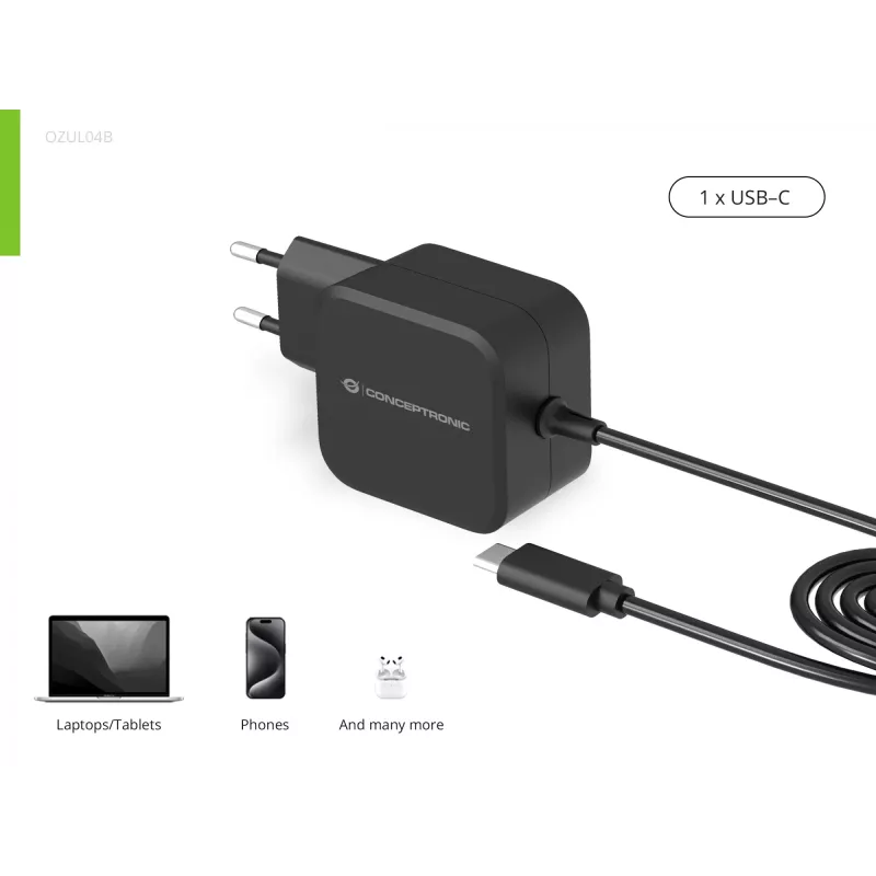 Cargador Conceptronic OZUL04BE 67W GaN USB PD, cable USB-C integrado