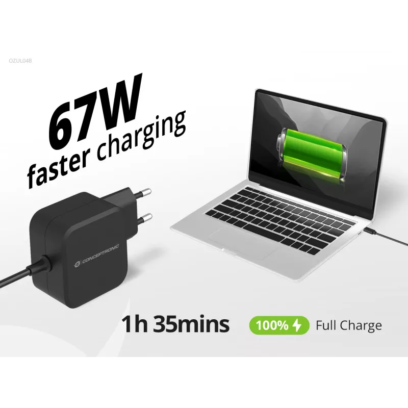 Cargador Conceptronic OZUL04BE 67W GaN USB PD, cable USB-C integrado