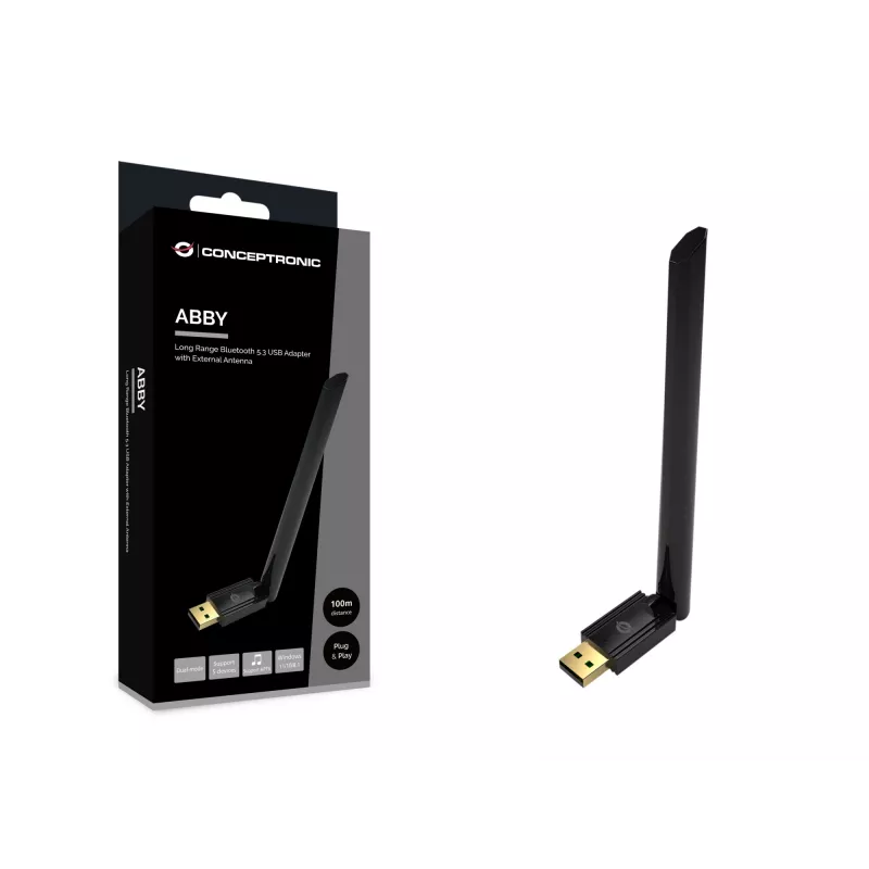Adaptador USB Bluetooth 5.3 de largo alcance Conceptronic ABBY17B, antena externa