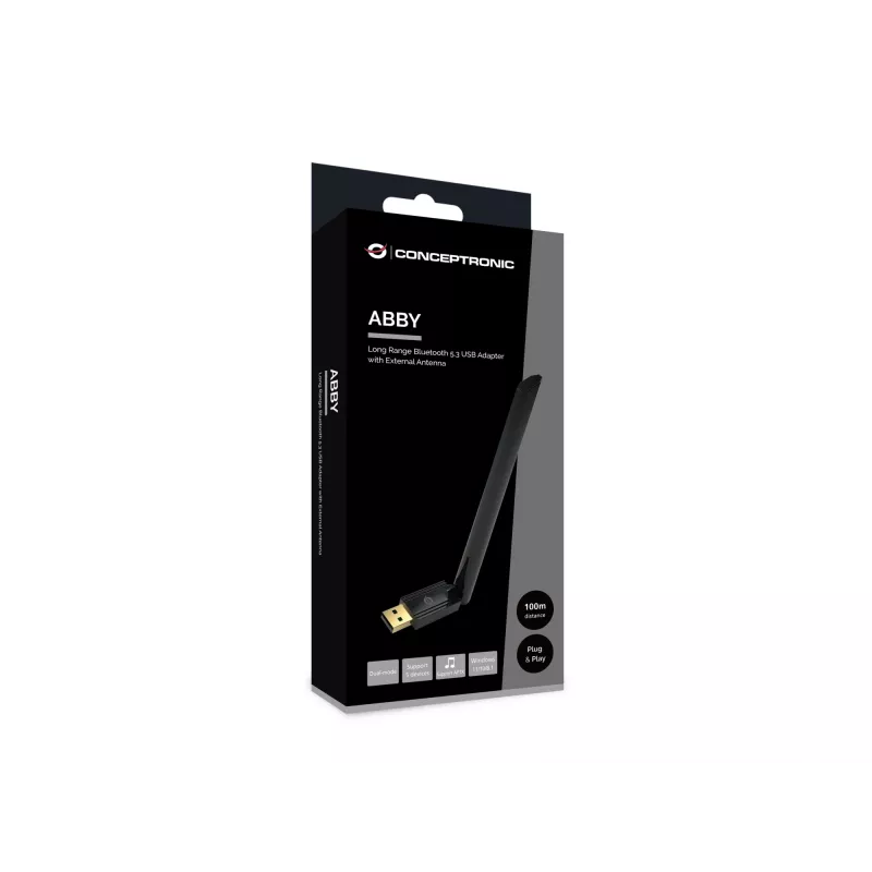 Adaptador USB Bluetooth 5.3 de largo alcance Conceptronic ABBY17B, antena externa
