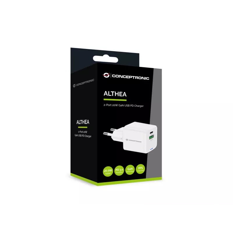 Cargador Conceptronic 2 puertos 20W GaN USB PD, USB-C x 1, USB-A x 1 ALTHEA15W