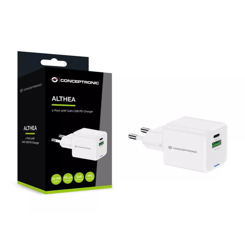 Cargador Conceptronic 2 puertos 20W GaN USB PD, USB-C x 1, USB-A x 1 ALTHEA15W
