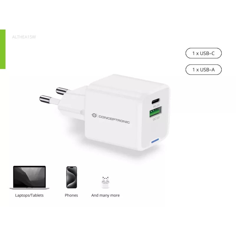 Cargador Conceptronic 2 puertos 20W GaN USB PD, USB-C x 1, USB-A x 1 ALTHEA15W