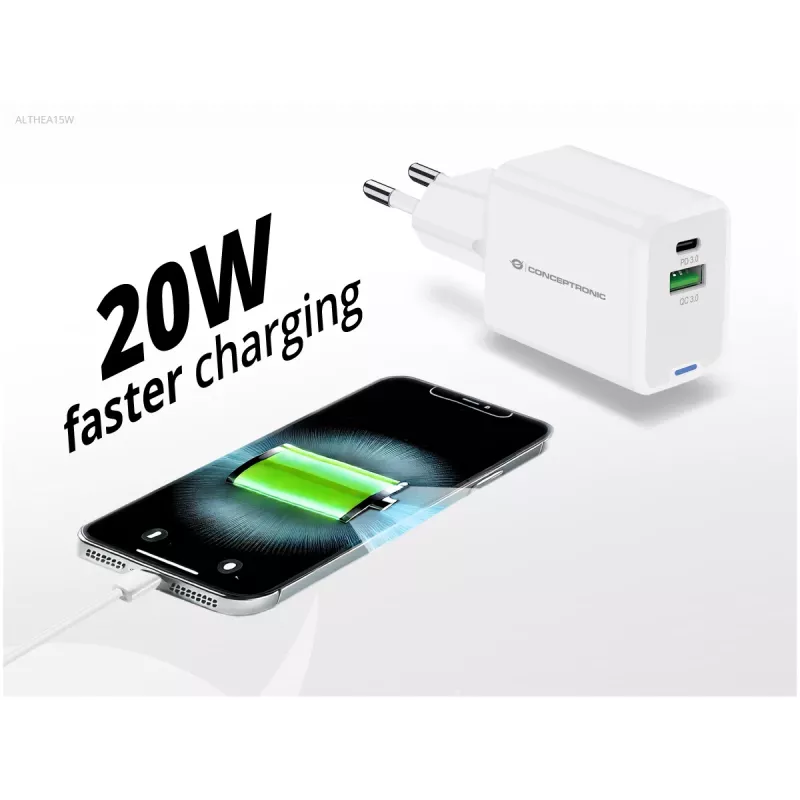Cargador Conceptronic 2 puertos 20W GaN USB PD, USB-C x 1, USB-A x 1 ALTHEA15W