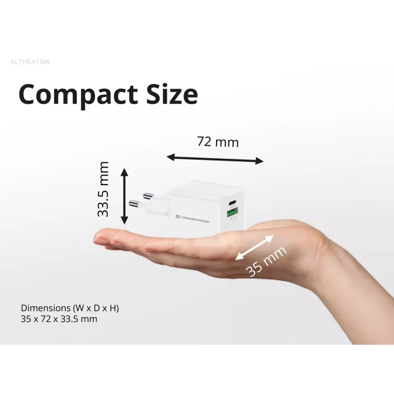 Cargador Conceptronic 2 puertos 20W GaN USB PD, USB-C x 1, USB-A x 1 ALTHEA15W