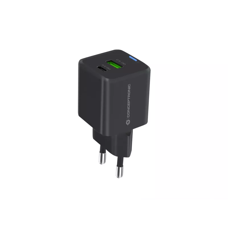 Cargador Conceptronic 2 puertos 20W GaN USB PD, USB-C x 1, USB-A x 1, QC 3.0, PPS