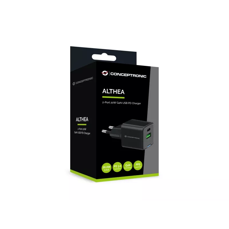 Cargador Conceptronic 2 puertos 20W GaN USB PD, USB-C x 1, USB-A x 1, QC 3.0, PPS