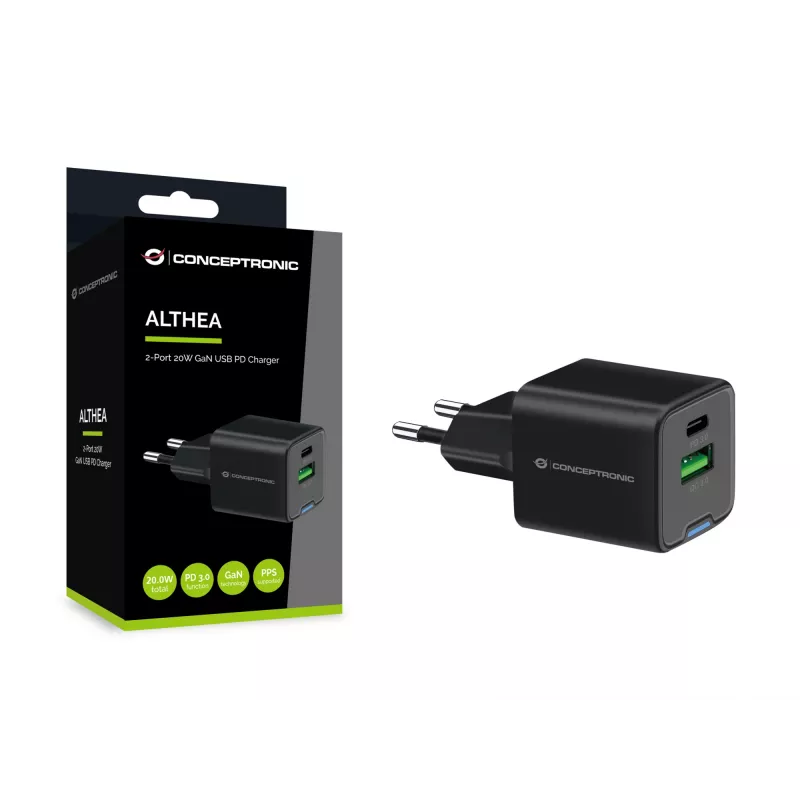 Cargador Conceptronic 2 puertos 20W GaN USB PD, USB-C x 1, USB-A x 1, QC 3.0, PPS