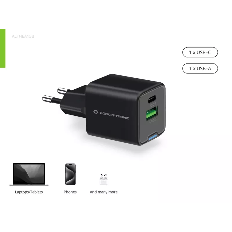 Cargador Conceptronic 2 puertos 20W GaN USB PD, USB-C x 1, USB-A x 1, QC 3.0, PPS