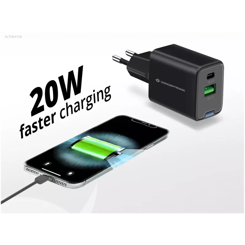 Cargador Conceptronic 2 puertos 20W GaN USB PD, USB-C x 1, USB-A x 1, QC 3.0, PPS