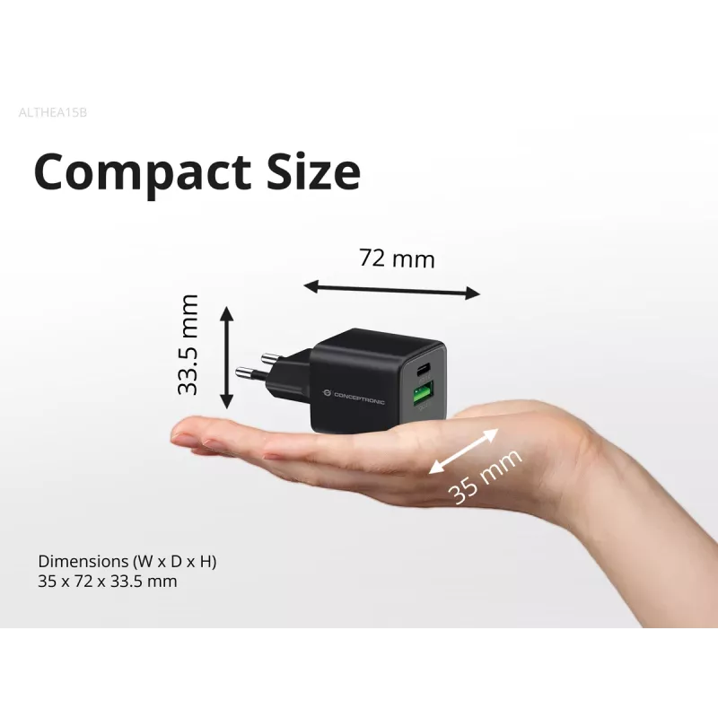 Cargador Conceptronic 2 puertos 20W GaN USB PD, USB-C x 1, USB-A x 1, QC 3.0, PPS