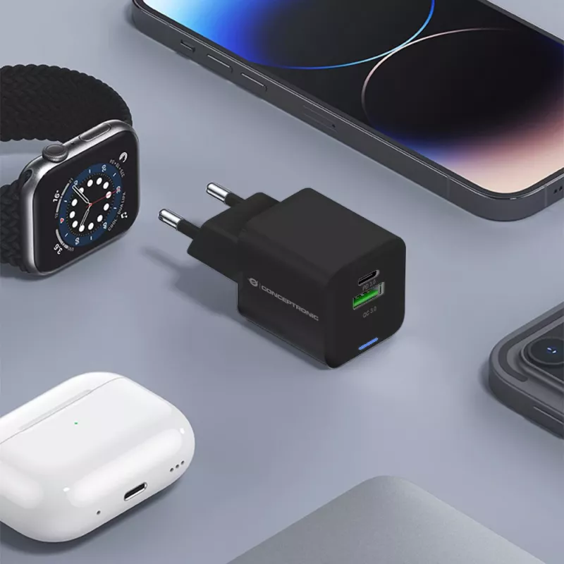 Cargador Conceptronic 2 puertos 20W GaN USB PD, USB-C x 1, USB-A x 1, QC 3.0, PPS