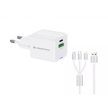 Cargador Conceptronic 2 puertos 33W GaN USB PD con cable de carga 3en1, USB-C x 1, USB-A x 1, QC 3.0, PPS