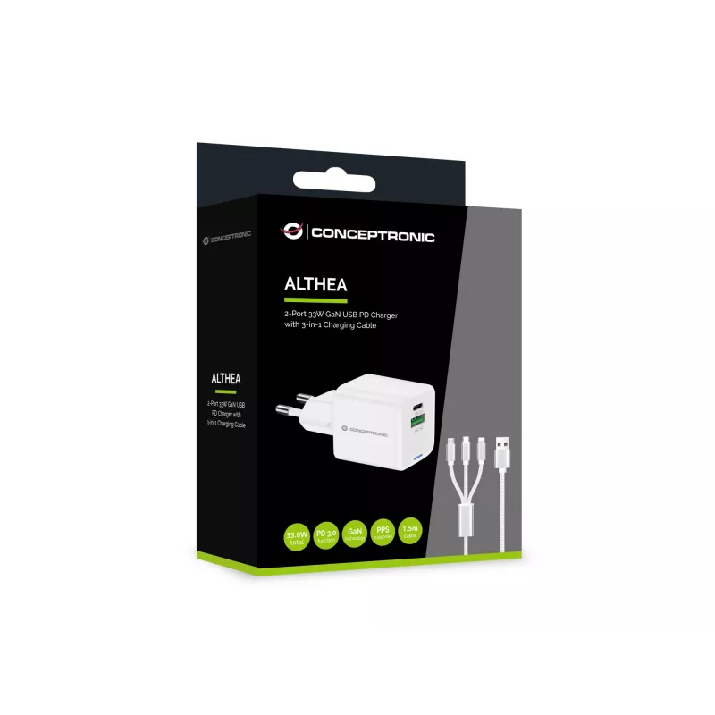 Cargador Conceptronic 2 puertos 33W GaN USB PD con cable de carga 3en1, USB-C x 1, USB-A x 1, QC 3.0, PPS