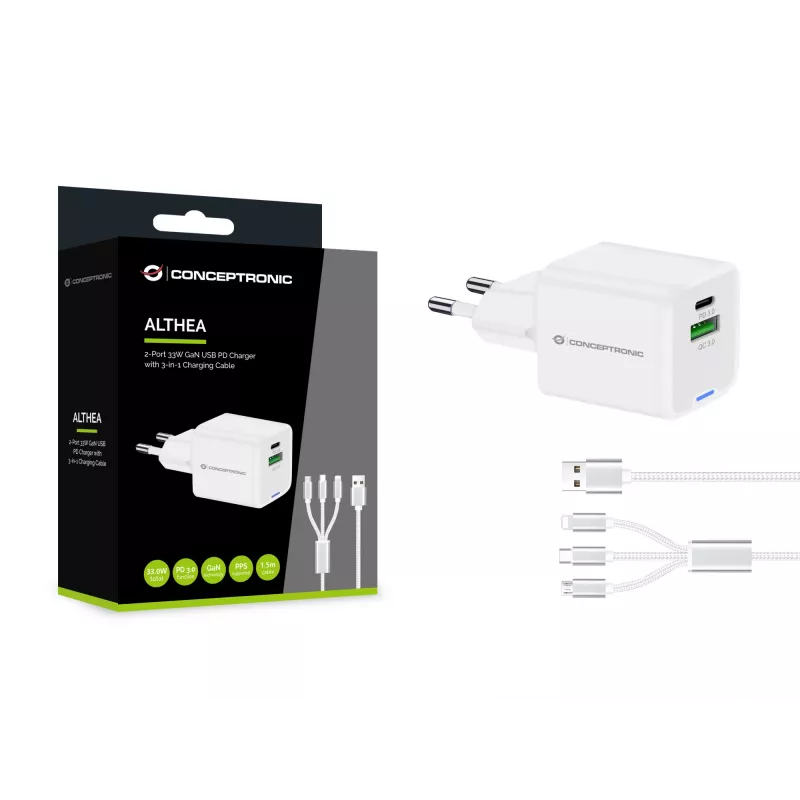 Cargador Conceptronic 2 puertos 33W GaN USB PD con cable de carga 3en1, USB-C x 1, USB-A x 1, QC 3.0, PPS