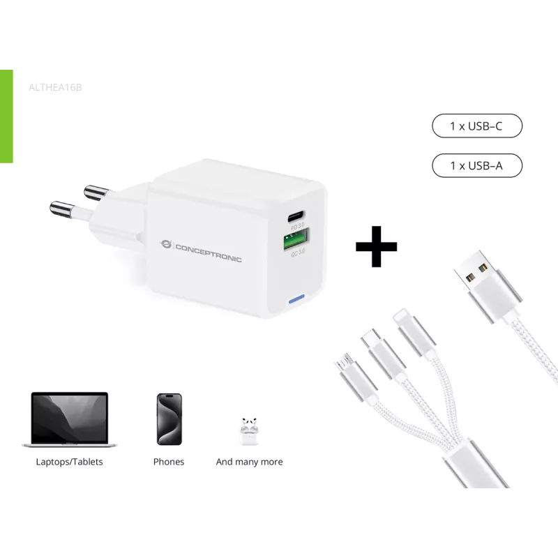 Cargador Conceptronic 2 puertos 33W GaN USB PD con cable de carga 3en1, USB-C x 1, USB-A x 1, QC 3.0, PPS