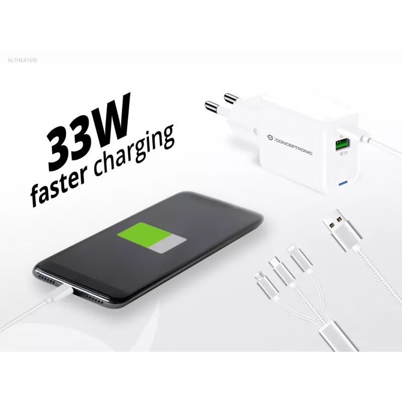 Cargador Conceptronic 2 puertos 33W GaN USB PD con cable de carga 3en1, USB-C x 1, USB-A x 1, QC 3.0, PPS