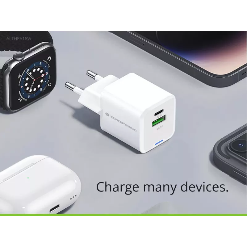Cargador Conceptronic 2 puertos 33W GaN USB PD con cable de carga 3en1, USB-C x 1, USB-A x 1, QC 3.0, PPS