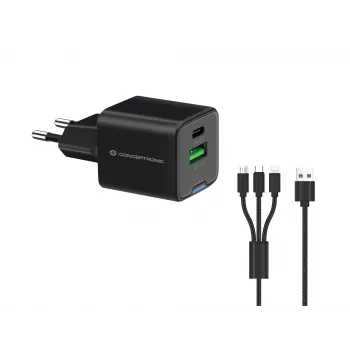 Cargador Conceptronic 2 puertos 33W GaN USB PD con cable de carga 3en1, USB-C x 1, USB-A x 1, QC 3.0, PPS
