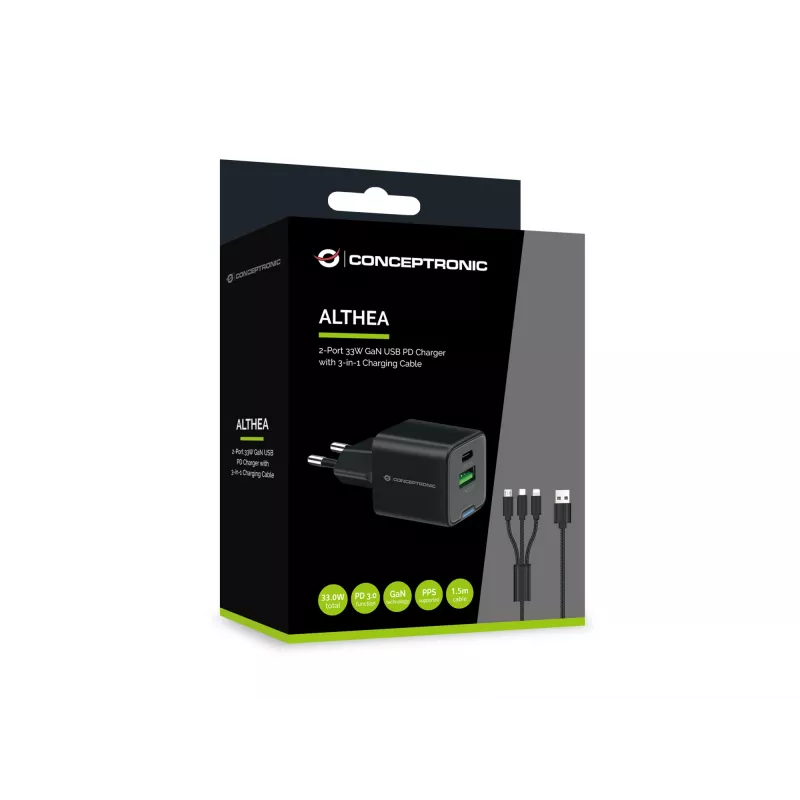 Cargador Conceptronic 2 puertos 33W GaN USB PD con cable de carga 3en1, USB-C x 1, USB-A x 1, QC 3.0, PPS