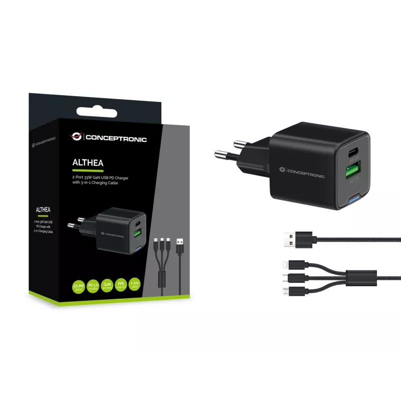 Cargador Conceptronic 2 puertos 33W GaN USB PD con cable de carga 3en1, USB-C x 1, USB-A x 1, QC 3.0, PPS