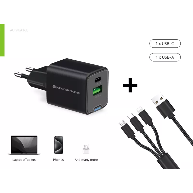 Cargador Conceptronic 2 puertos 33W GaN USB PD con cable de carga 3en1, USB-C x 1, USB-A x 1, QC 3.0, PPS