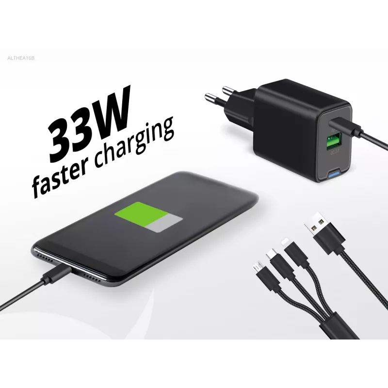 Cargador Conceptronic 2 puertos 33W GaN USB PD con cable de carga 3en1, USB-C x 1, USB-A x 1, QC 3.0, PPS