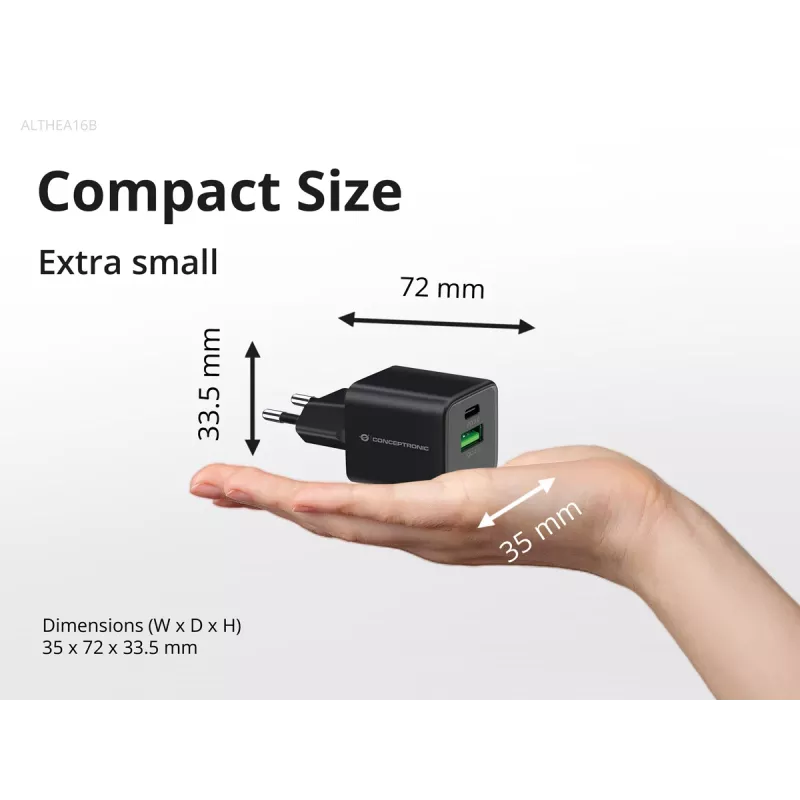 Cargador Conceptronic 2 puertos 33W GaN USB PD con cable de carga 3en1, USB-C x 1, USB-A x 1, QC 3.0, PPS