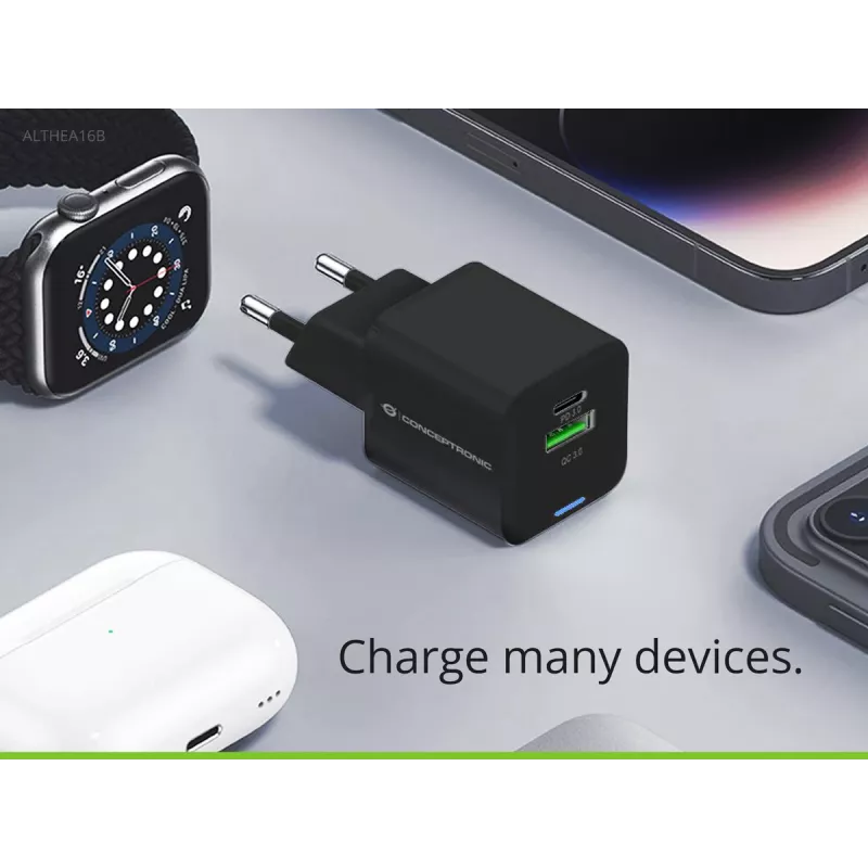 Cargador Conceptronic 2 puertos 33W GaN USB PD con cable de carga 3en1, USB-C x 1, USB-A x 1, QC 3.0, PPS