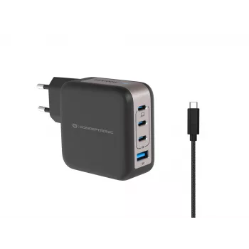 Cargador Conceptronic 4 puertos 100W GaN USB PD con cable de carga USB-C, USB-C x 3, USB-A x 1, QC 3.0, PPS