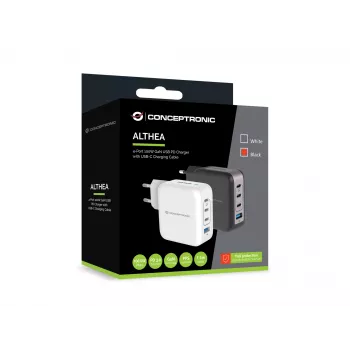 Cargador Conceptronic 4 puertos 100W GaN USB PD con cable de carga USB-C, USB-C x 3, USB-A x 1, QC 3.0, PPS